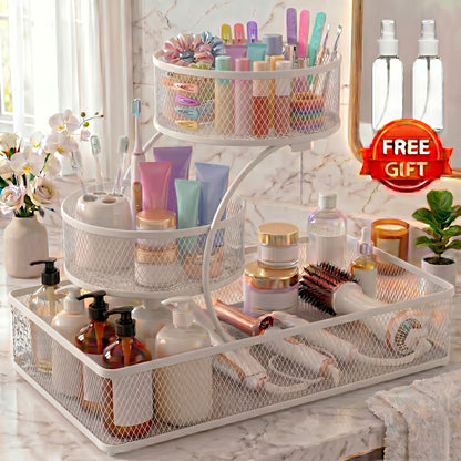 3-Tier Metal Bathroom Storage Rack, Includes A Spray Bottle | Hooks - Space-Saving Countertop Organizer for Cosmetics, Skincare, And Toiletries | Rust-Resistant Diamond Mesh Design | Sturdy And Durable, Suitable for Vanities, Bathrooms, Wardrobes