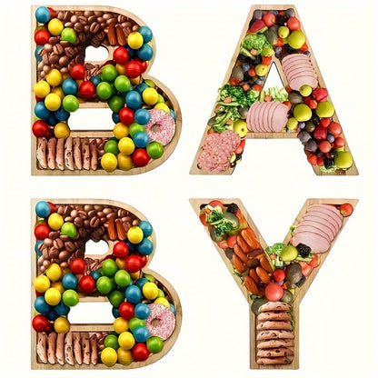 4pcs Baby Shower Wooden Charcuterie Letter Boxes Set BABY Shaped Letter Serving Tray Board Dish Decorative Platter for Snack Food Cake Cookies for Gender Reveal Birthday Party