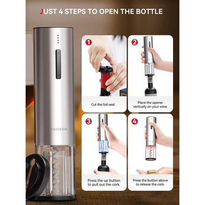 Tomeem Rechargeable Electric Wine Gift Set - Aerator, Vacuum Stoppers, Foil Cutter and Bottle Opener for Home Bar and Outdoor Parties, Stainless Steel