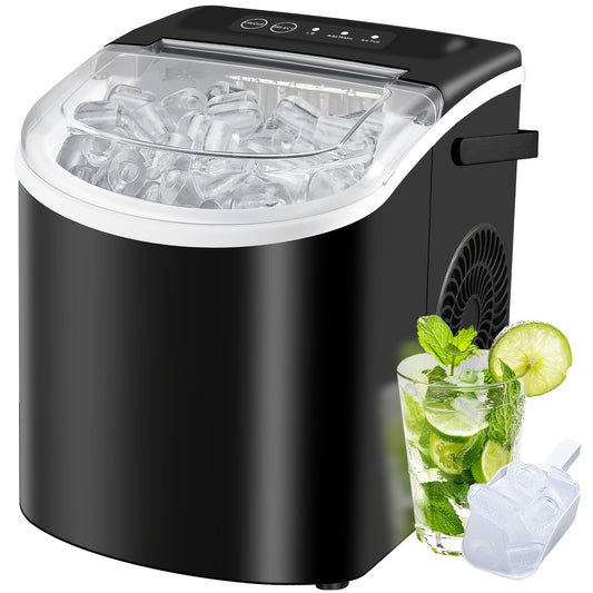 Ice Maker with Basket & Scoop – 26 Lbs/Day Countertop Bullet Ice Machine, 9 Cubes in 6 Mins, Self-Cleaning, 5 Colors Pink White Green Silver Black, for Home, Kitchen, Office, Bar, RV & Camping