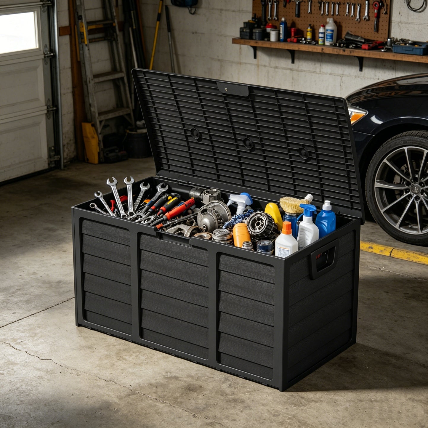 75 Gallon Outdoor Storage Box Deck Box with Handles | Large Waterproof Lockable Cabinet for Pool Accessories, Garden Tools & Camping Gear – Easy Assembly Yard Storage Bin, Pure Black