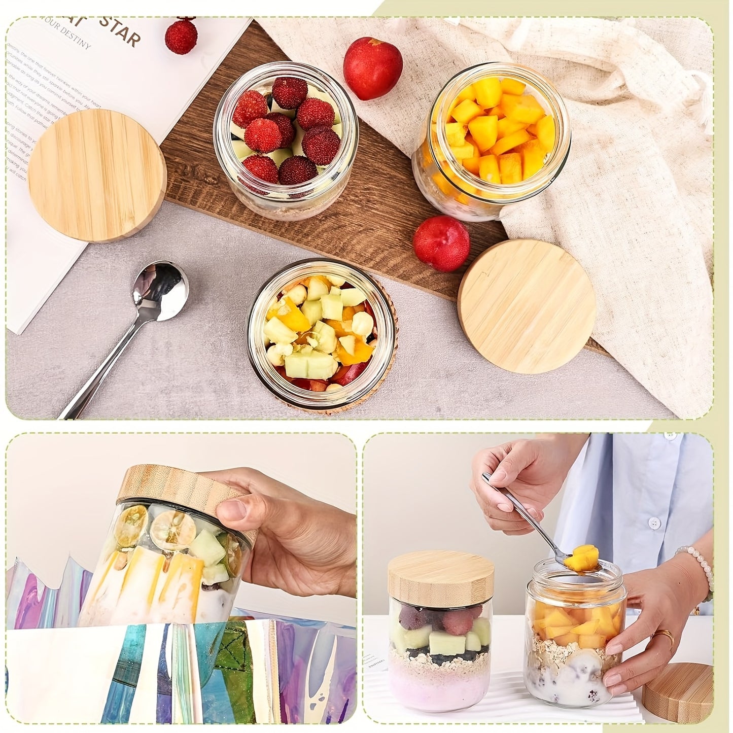 4/6 Packs Overnight Oats Containers with Bamboo Lids, Glass Jars with Airtight Lids for Meal Prep, Wide Mouth Mason Salad Jars, Glass Food Storage Container for Yogurt Chia Snacks Spice Sugar