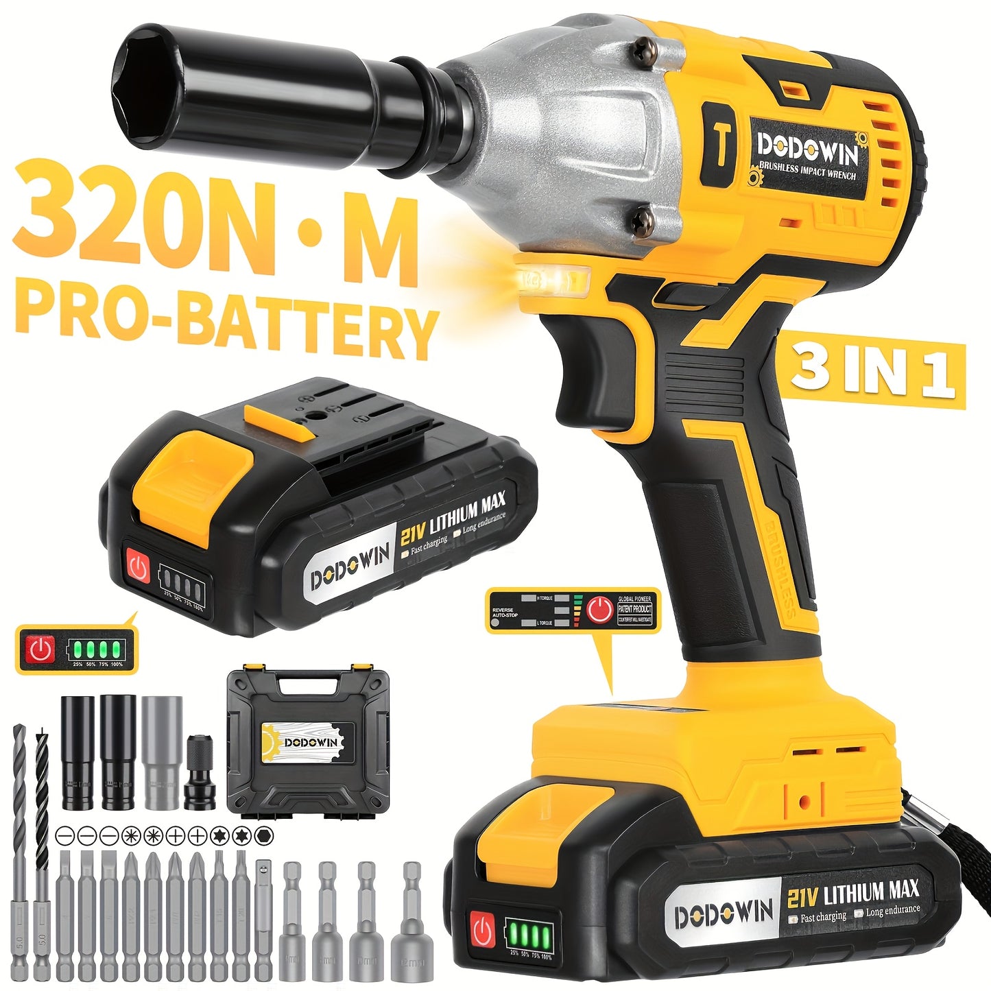 21V Cordless High Torque Impact Wrench, Wireless Drill Kit, Impact Driver, Brushless Electric Impact Gun Drill Torque. 2.0AH/4.0AH 1/2 Batteries & Charger, 6 Sockets & Full Accessories, Electric Power Tools for Car & Home Use, Accessories Sold
