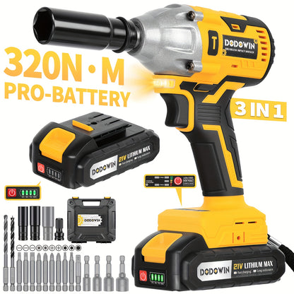 21V Cordless High Torque Impact Wrench, Wireless Drill Kit, Impact Driver, Brushless Electric Impact Gun Drill Torque. 2.0AH/4.0AH 1/2 Batteries & Charger, 6 Sockets & Full Accessories, Electric Power Tools for Car & Home Use, Accessories Sold