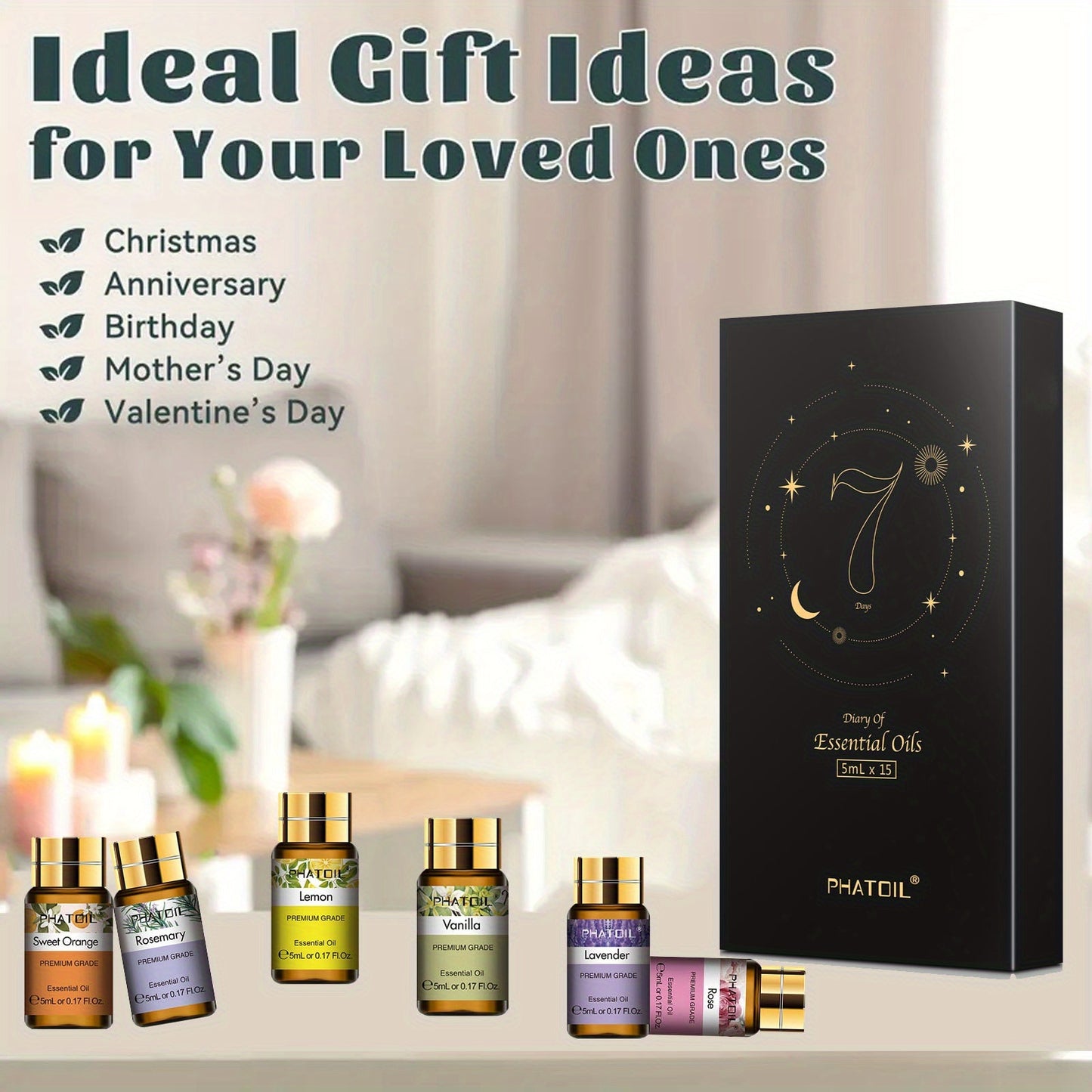 Essential Oil Kit 15pcs – 5ml Aromatherapy Gift Set for Diffuser, Humidifier & Candle Making | Mother's Day, Christmas, Valentine's Day Gift