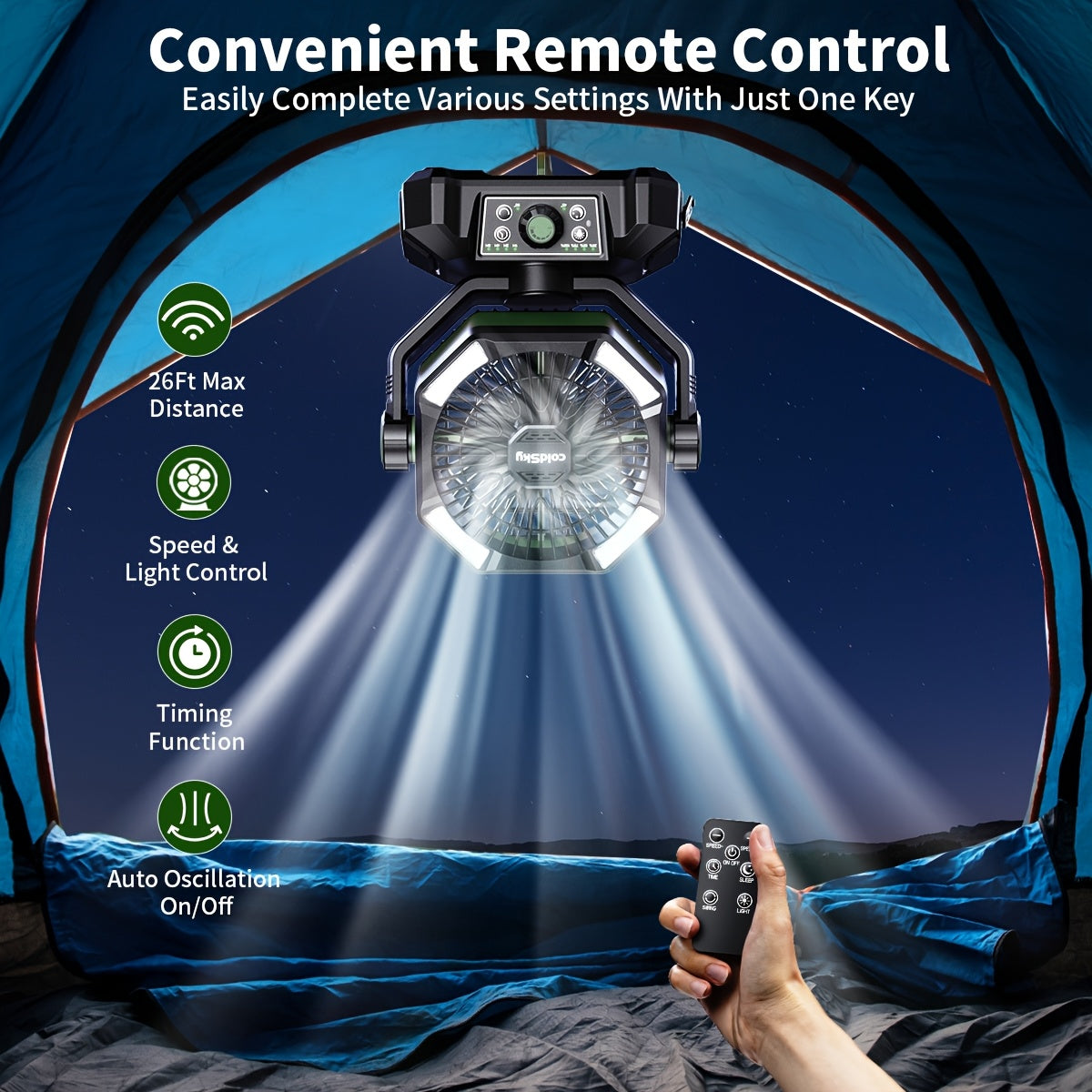 Camping Fan with Dual Motors & 4 LED Lights – Portable Tent Fan with Remote Control, 8 Speed Settings, 20000mAh Battery & Hanging Hook for Outdoor Camping, Power Outages & Indoor Use