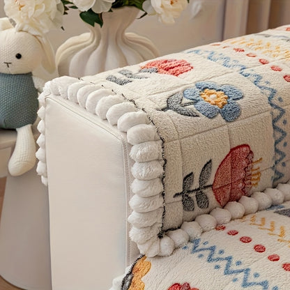 Bohemian Floral Quilted Sofa Cover - Thick Milk Fleece Warm Cozy Couch Protector Machine Washable with Ruffle for 2 3 4 Seater Living Room Decor, White