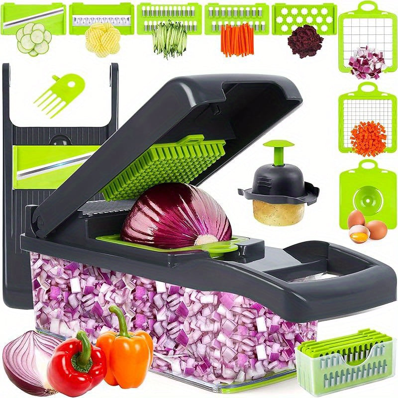 16 - in - 1 Manual Vegetable Chopper Set, with 8 Blades, Container, Grater and Strainer. It's Convenient for Cooking and Is a Professional Slicer for Onions, Carrots and Garlic.