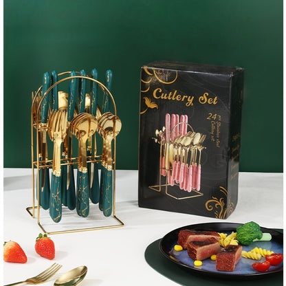 Thickened Marbled Hot Stainless Steel Tableware 24pcs Gift Box Storage Rack Western Steak Knives, Forks And Spoons