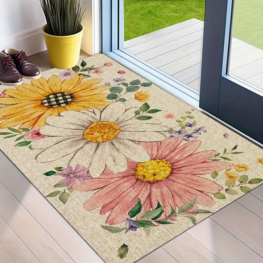 (Semi-Managed Product: Sponge Thickness: 10Mm, Density: 18D, Square Gram Weight: 500, ) 1pc of Welcome Mat for The Doorway, Spring And Summer Floral Doormat, Sunflower Daisy Doormat, Summer Seasonal Holiday Decoration, Flannel Material
