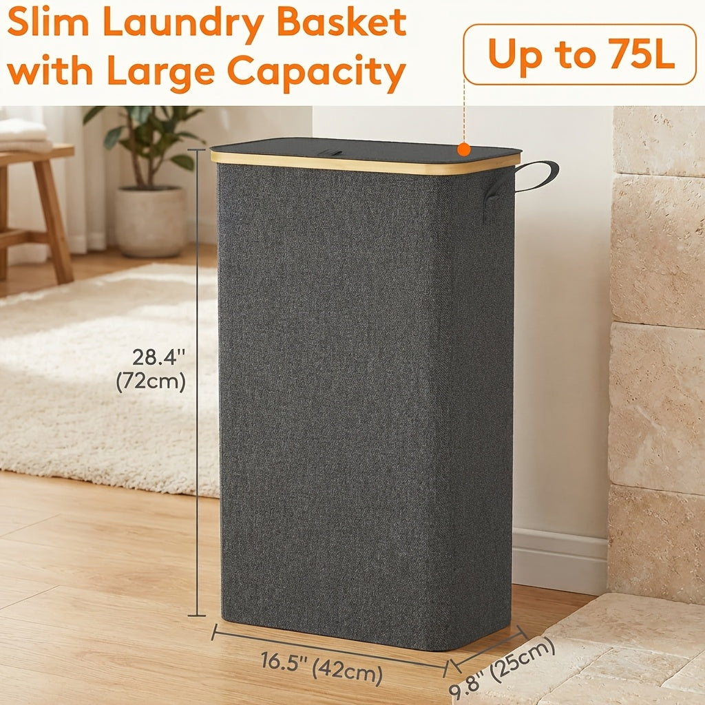 Slim Laundry Hamper With Lid, Narrow Laundry Basket With Removable Bag & Bamboo Handles, Fodable Thin Dirty Clothes Hamper, Laundry Collapsible Bin For Bathroom Bedroom Dorm, Room Decor, Storage And Organization, 13.21gal/17.17gal/19.81gal, Laundry Hamper