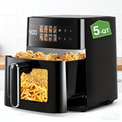 This 5-Quart Air Fryer Is an 8-In-1 Electric Hot Air Oven Equipped with an LED Touchscreen, Ensuring Even Heating of Food with a Power of 1350W. It Boasts a Large Capacity And Features 360° Hot Air Circulation Along with a Clear Touchscreen