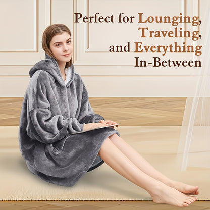 A Super Soft And Comfortable Plush Hooded Shirt, Double-Sided Wearable Blanket, Super Soft Reversible Hooded Blanket with Kangaroo Pocket, Machine Washable, Lazy Nightgown Dress