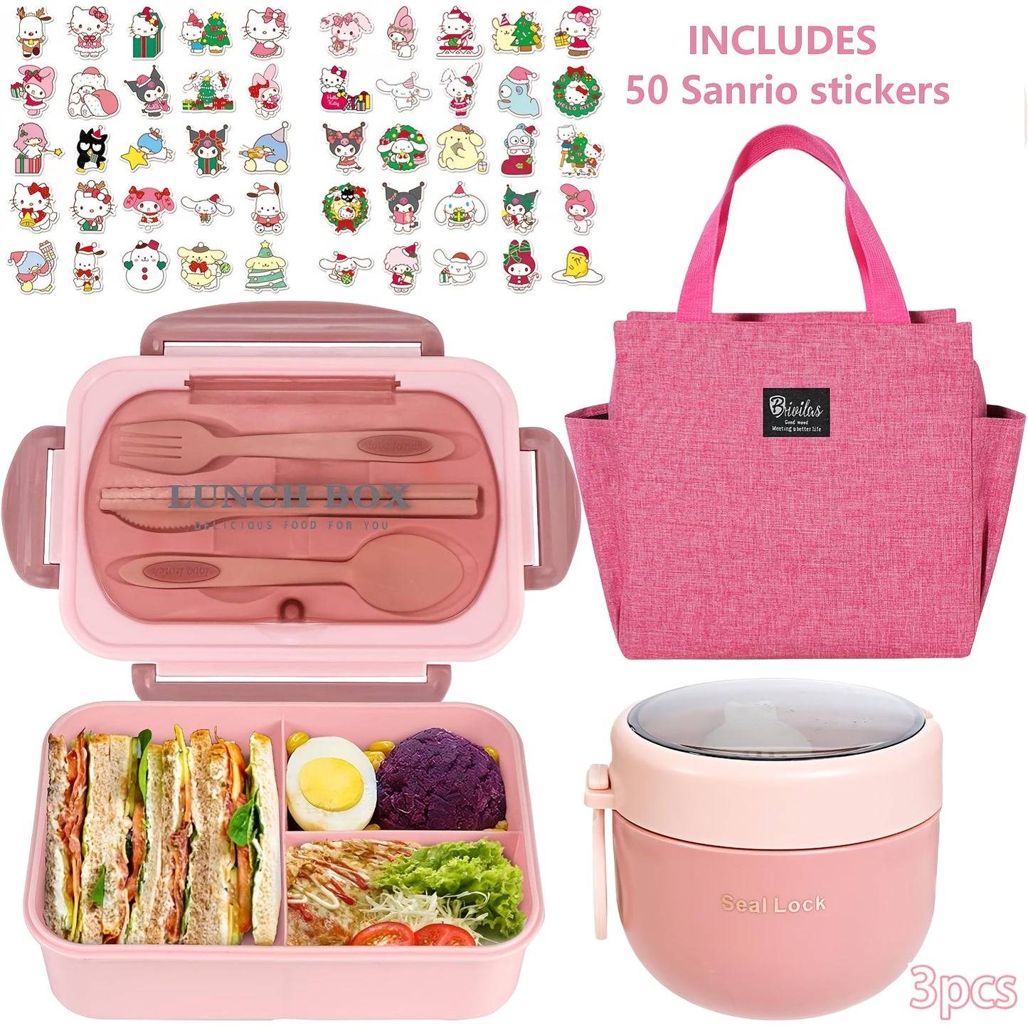 51pcs/53pcs Sanrio Lunch Box Set | Thermal Bag, Breakfast Cup, Portable Sealed Compartment Bento Box, 40.58Oz Capacity, Microwave And Dishwasher Safe, Ideal For Work, Picnics, And Back To School