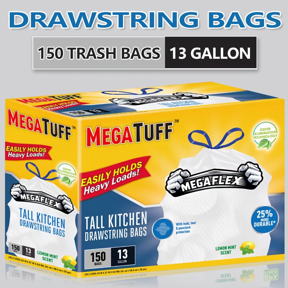 Boxed Disposable Non Tear Garbage Bags 50 Bags/Roll Puncture Tear Resistant Trash Bags, 30/13 Gallon Capacity, ODOR ELIMINATORTECHNOLOGY Kitchen Drawstring Garbage Bags Fresh Clean Scent With Lemon Mint Scent, EASY TO USEDRAWSTRINGS MORE DURABLE