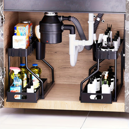 2pcs Under Sink Organizer with Sliding Shelves - Durable Pull-Out Cabinet Organizer for Bathroom & Kitchen, Space-Saving Storage Solution, Sleek Design
