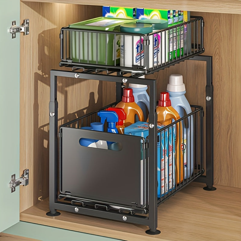 2-Tier Pull-Out Organizers, Space-Saving 2-Tier Under Sink Organizer with Adjustable Height, Sturdy Carbon Steel, Kitchen Storage Shelf, Space-Saving Cabinet Organizer, Kitchen Organizers And Storage