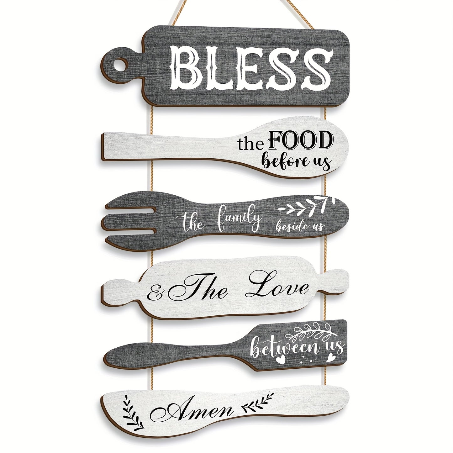Farmhouse Wall Decor Wood Sign Set - "Bless The Food Before Us" Rustic Kitchen Dining Room Hanging Plaque, 6-Piece Rope Wood Board Art, Housewarming Thanksgiving Gift for Home