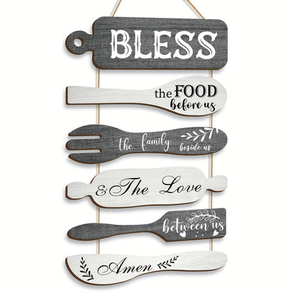 Farmhouse Wall Decor Wood Sign Set - "Bless The Food Before Us" Rustic Kitchen Dining Room Hanging Plaque, 6-Piece Rope Wood Board Art, Housewarming Thanksgiving Gift for Home