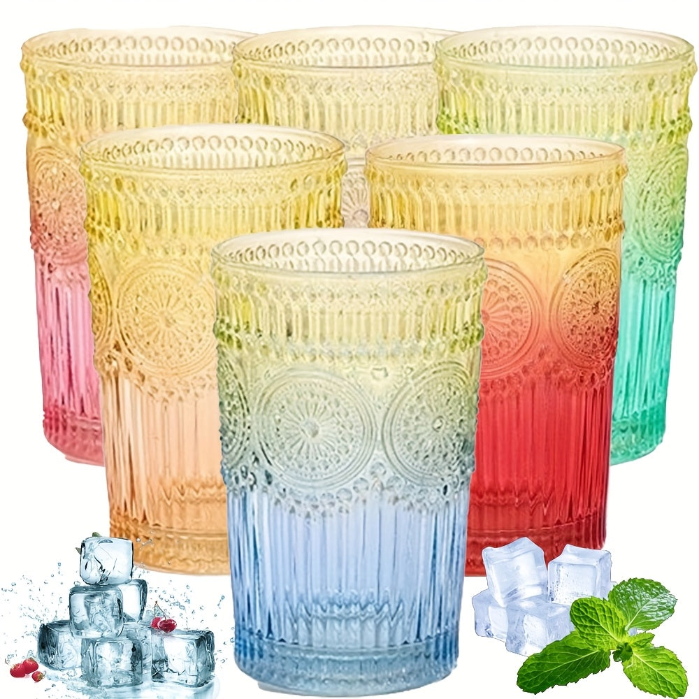 Collection of 6 Retro Drinking Glasses, 14 Oz Colorful Tumblers with Embossed Designs, Suitable for Water, Drinks, Juice, Beer, Cocktails, Whiskey, And Milk (Available in 6 Colors)