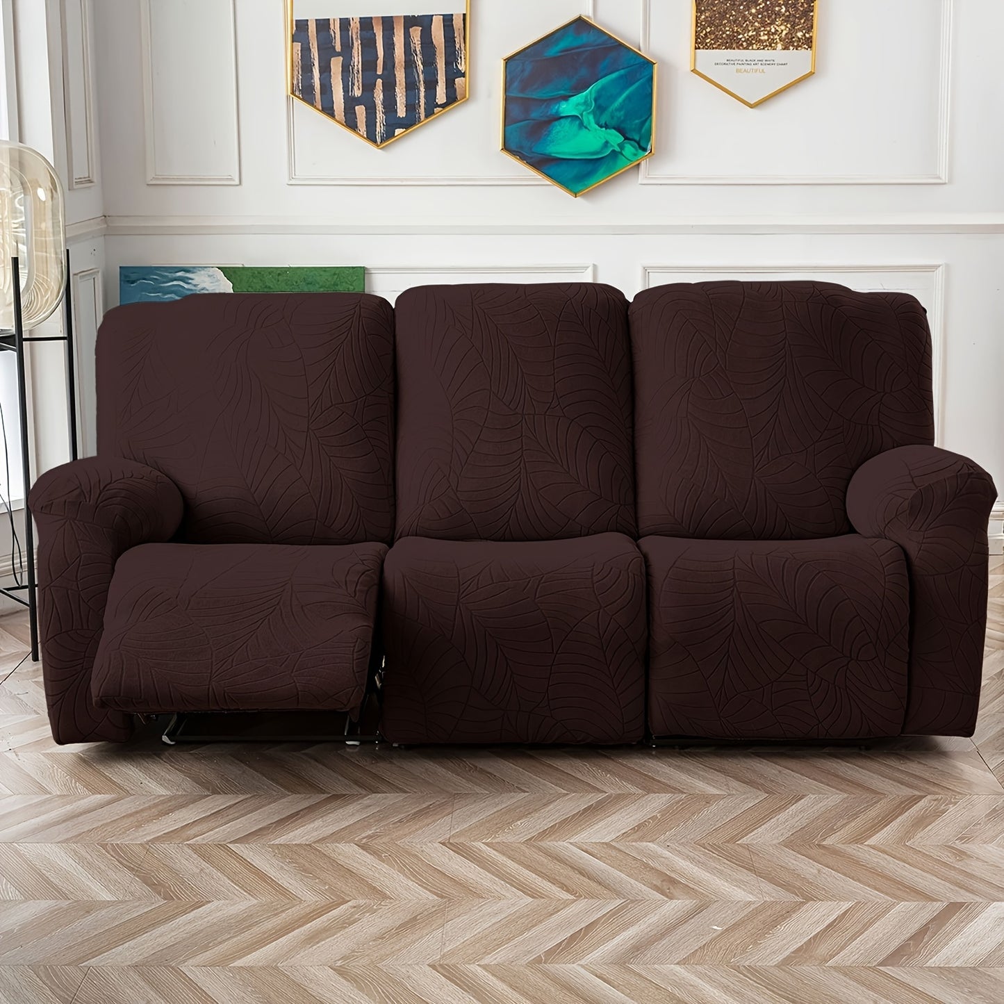 1/2/3/ Seat Plus Center Control Recliner Sofa Cover, Winter Insulation, Furniture Decoration, High Stretch Big Leaves Jacquard Sofa Recliner Cover, Soft And Washable, Loveseat Recliner Cover with Console, Home Decoration, Mother'S Day Gifts