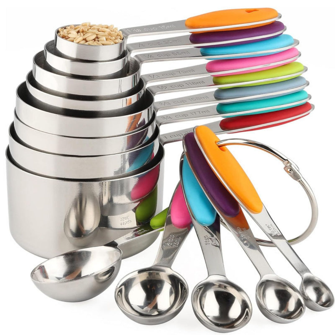 Measuring Cups and Spoons Set, Set of 13 Stainless Steel Measuring Cups and Spoons, with Silicone Handles, Stackable, Easy to Store for Kitchen, Cooking, Baking (Colorful)