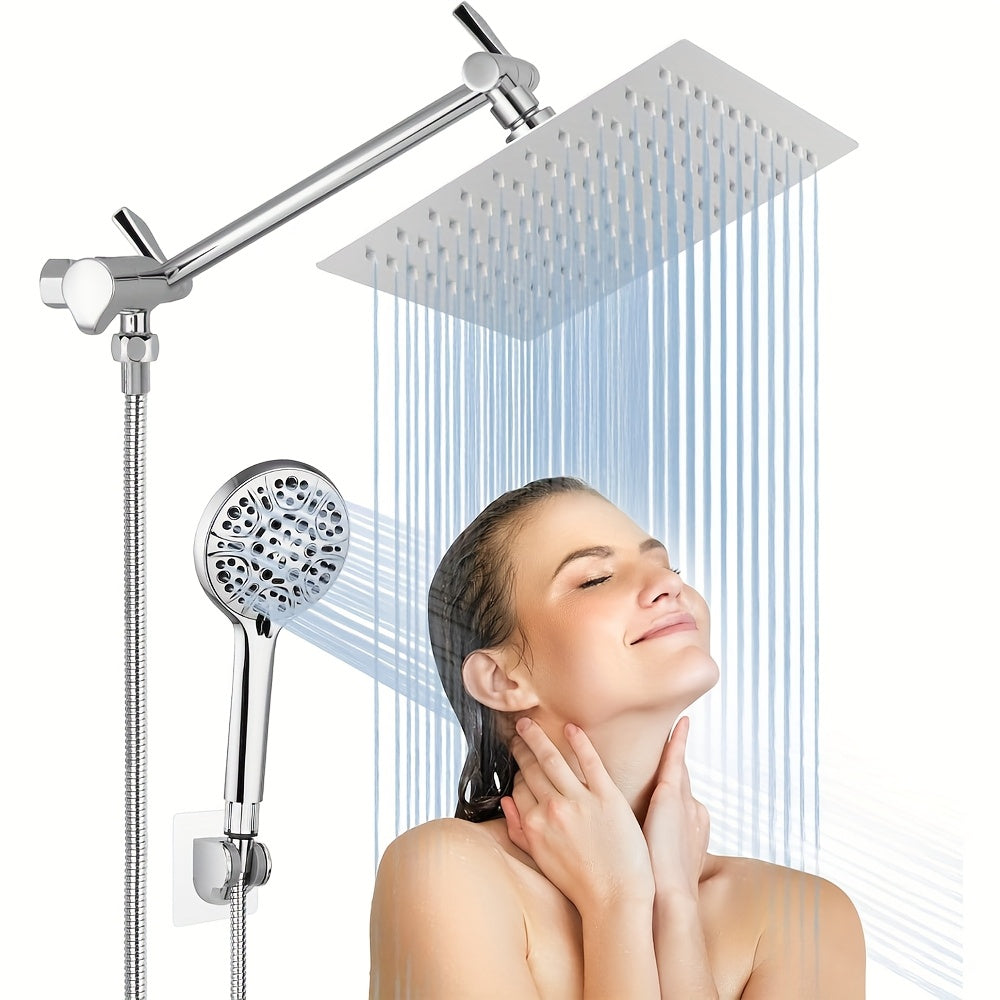 High Pressure Rainfall 12 Inch Shower Head/Handheld Showerhead Combo/ 12 Inch Adjustable Shower Extension Arm, 4-Spray, 78-inch Hose, Adhesive Showerhead Holder, Chrome,for Shower Use Only