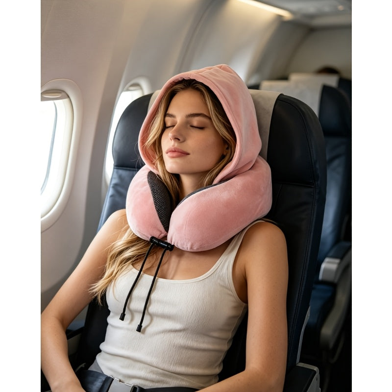 U-shaped Travel Pillow with Cap- Adjustable Portable Neck Pillow Suitable for Airplane and Home Use. Moderately Soft Fabric, Removable and Washable. Neck Support Pillow| Ergonomic Design| Pillow| Travel Pillow(includes Eye Mask)
