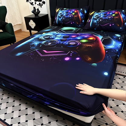 3pcs Gaming Bed Sheet & Mattress Protector Suitable for Boys and Girls, Gamepad Bedding with Deep Pocket Fitted Sheet + 2 Pillowcases, Machine Washable Bed Sheets for Dorm Room Decor, Gift for,, Gamers (No Filling)