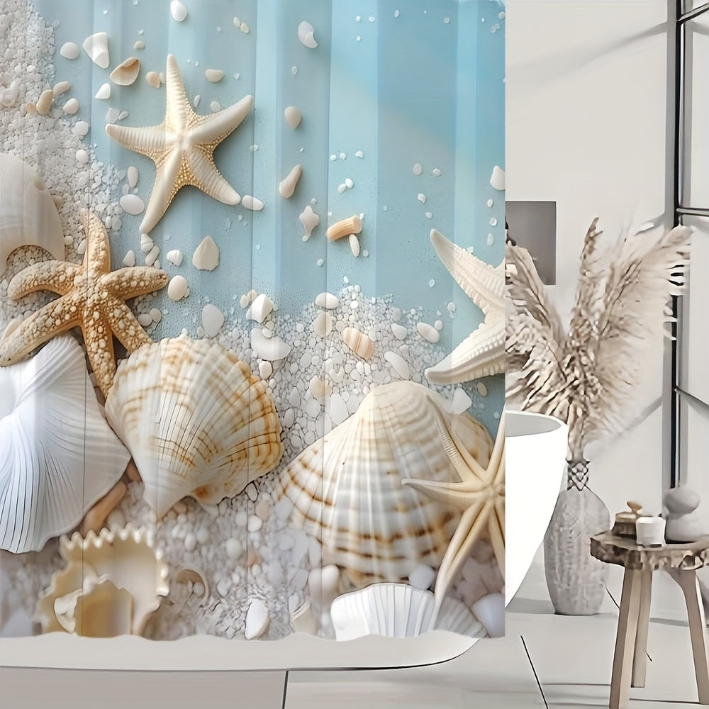 Set of 1/4pcs Shower Curtain Featuring a Sea Star Shell Design, Made from Polyester And Includes 12 Hooks. It Comes with a Non-Slip Floor Mat, a U-Shaped Toilet Pad, And a Lid Pad, Perfect for Room Decoration And Bathroom Additions