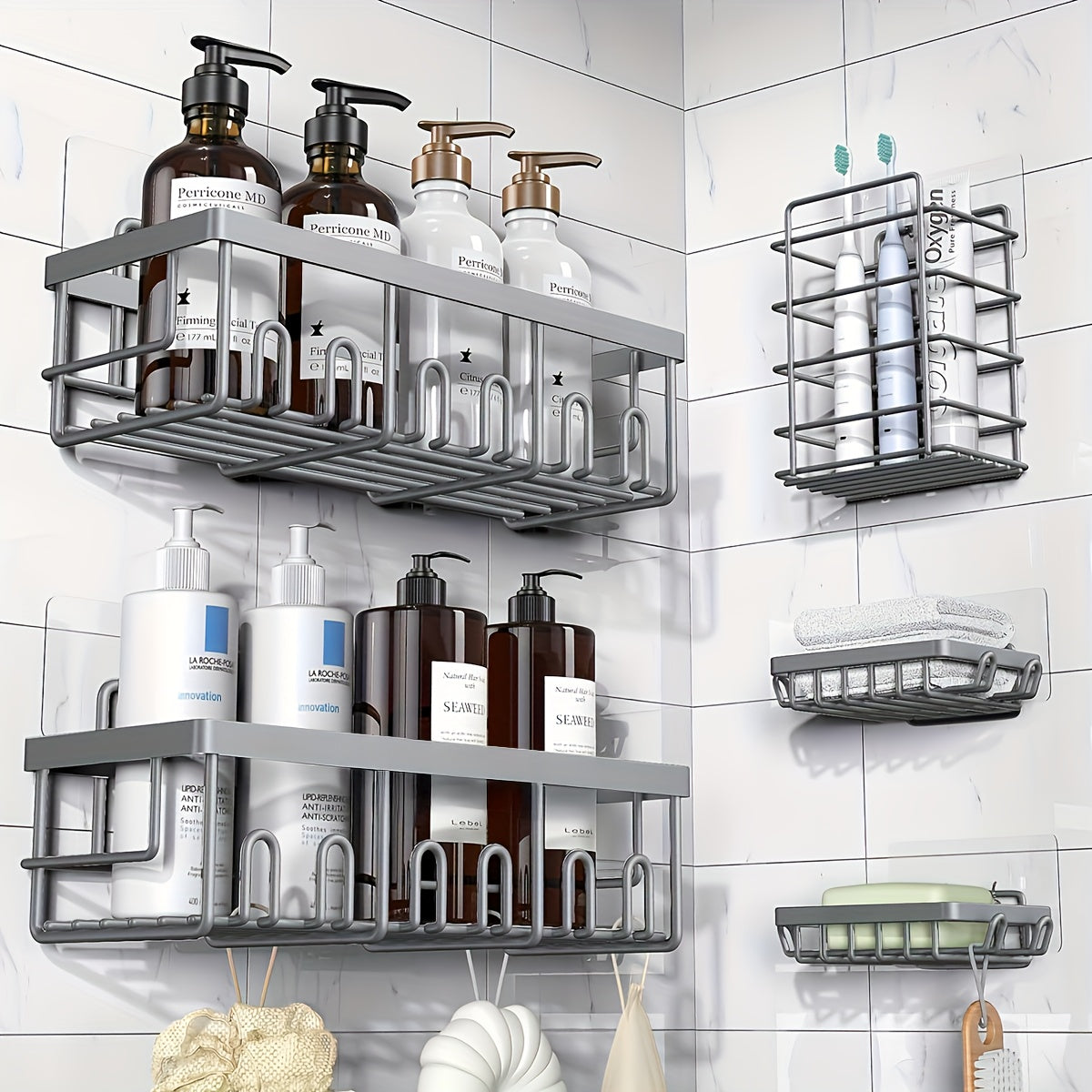 Shower Caddy Organizer, 5-Pack Adhesive Rustproof Stainless Steel Shower Shelves with Soap Holder, No Drilling Shower Storage Rack for Family Renters Bathroom, Random Colors F to Choose, Shower Caddies
