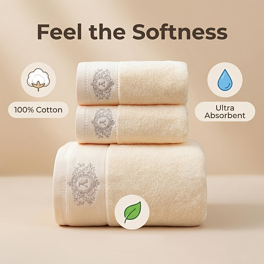 Luxurious 3pcs Cotton Towel Set with Embroidery - Soft, Absorbent & Lint-Free Bath Towels for Men and Women - Perfect for Home, Spa, Salon Use
