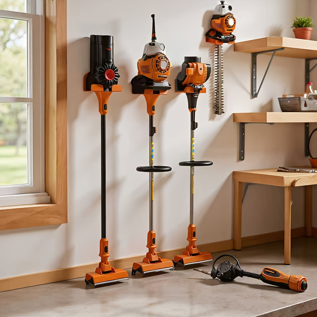 Upgraded Garage Storage Hooks Trimmer Rack Wall Mount, 8" Heavy Duty Weed Eater Hanger for Garage Wall Bracket, Garden Power Tool Holder Organizer Hooks for Grass Trimmer, Hedge Trimmer, Leaf Blower And Chainsaw, Utility Shelves