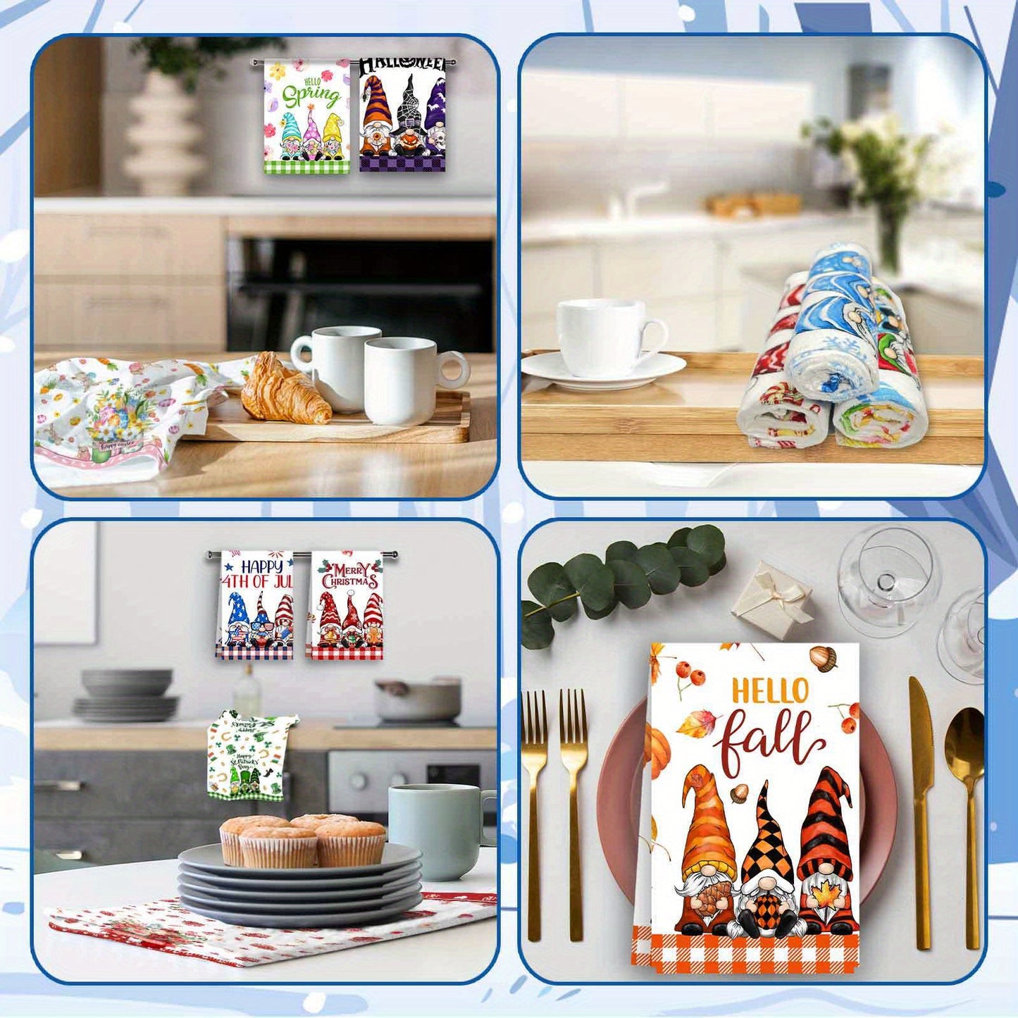 12pcs Seasonal Kitchen Towels Set for All Holidays Three Gnomes Dish Towels Winter Christmas Hand Towels Drying Tea Towels Cute Absorbent Dishcloths Decorative Wash Cloths
