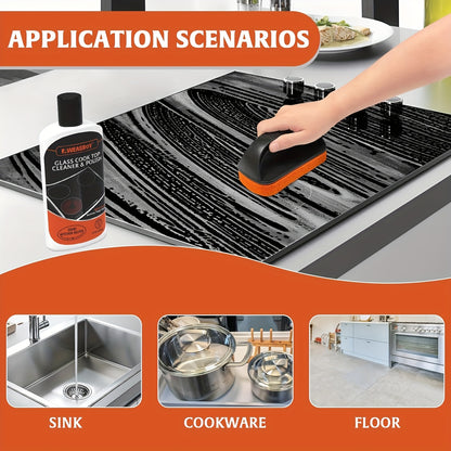 Glass Stove Top Cleaner Kit 12oz Non-Abrasive No Scratch Cooktop Cleaner and Polish Removes Tough Grease Stains 9-Piece Set with Scrubbing Pad Handle Scraper and Cloth for Smooth Cooktop Range