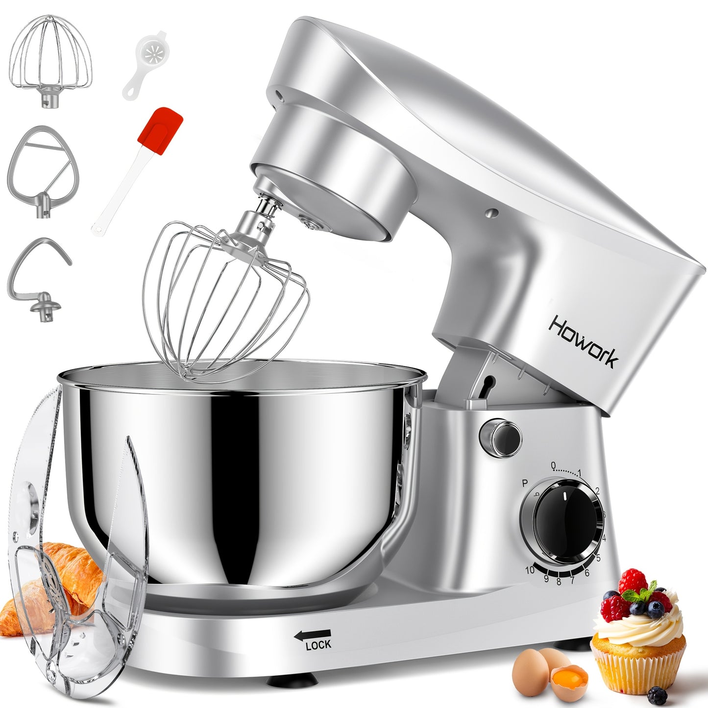 HOWORK Stand Mixer 10-Speed 5QT Electric Kitchen Mixer With Dishwasher-Safe Dough Hooks, Flat Beaters, Wire Whip & Pouring Shield Attachments For Most Home Cooks