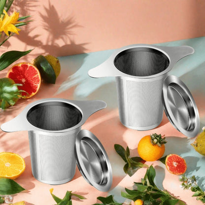 Stainless Steel Tea Strainer Set of 4 with Lid – Fine Mesh Tea Infuser with Dual Handles for Loose Leaf Tea, Herbs & Spices – Ergonomic Grip, Durable & Easy to Clean