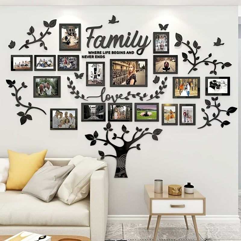 1pc 3D Acrylic Family Photo Frame Tree Wall Sticker - Removable Leaf-Shaped Picture Collage with "Family" & "Love" Text, -Friendly Branches for /Parents Pictures, Easy Peel & Stick for Living Room,
