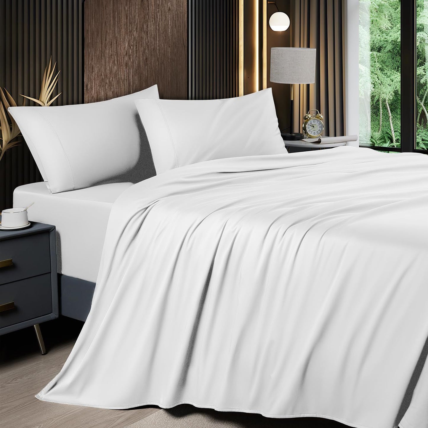 4pcs 2200TC Cooling Bamboo Bed Sheet Set Summer Chill Collection-16" Deep Pocket - Silky Soft Luxury Bedding W/ Flat Sheet, Fitted Sheet & Pillowcases (Beat The Hea Stay Cool All Night) Queen Size Sheet Set Breathable Sheets Sets Queen Size Gifts