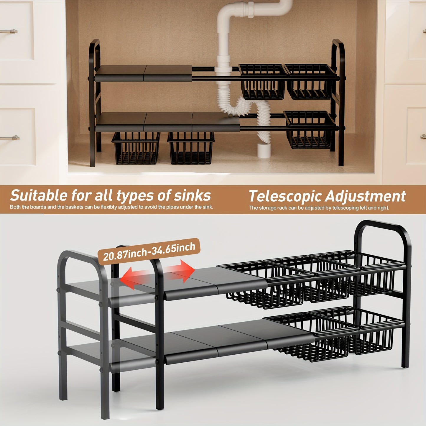 1 Expandable Under Sink Organizer & Locker 2 Tier Cabinet Shelf Organizer with 5 Removable Panels 5 Baskets for Under Kitchen Bathroom Sink Organizer & Storage.Thanksgiving And Christmas Gifts