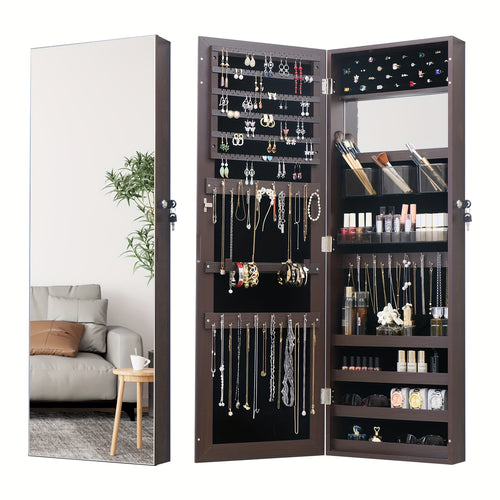 Full Length Mirror Jewelry Armoire Jewelry Cabinet - 2-in-1 Organizer For Makeup And Jewelry Lockable Storage Over The Door Mirror With Jewelry Storage Baskets, Bins & Containers
