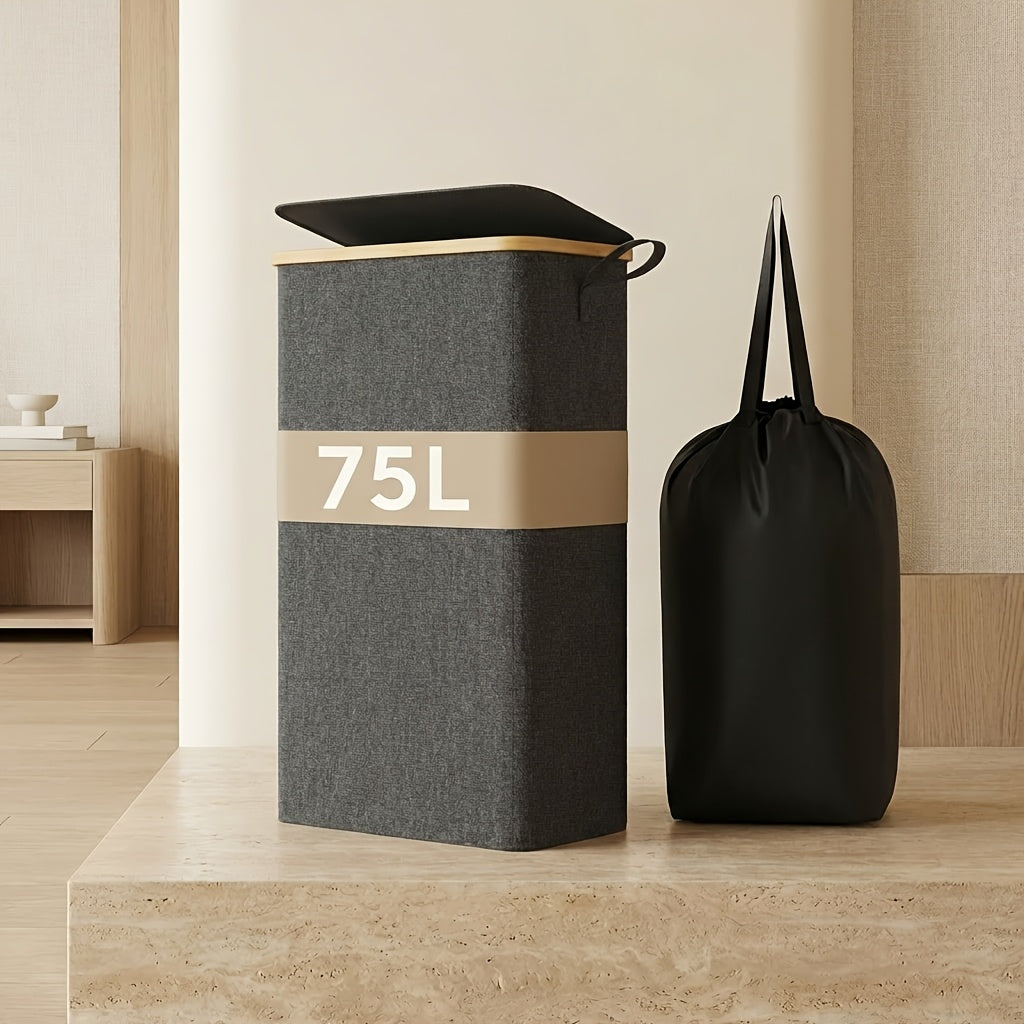 Slim Laundry Hamper With Lid, Narrow Laundry Basket With Removable Bag & Bamboo Handles, Fodable Thin Dirty Clothes Hamper, Laundry Collapsible Bin For Bathroom Bedroom Dorm, Room Decor, Storage And Organization, 13.21gal/17.17gal/19.81gal, Laundry Hamper