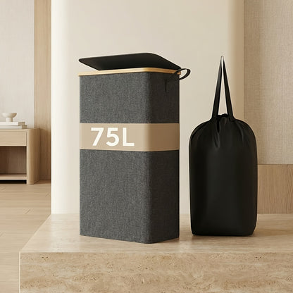 Slim Laundry Hamper With Lid, Narrow Laundry Basket With Removable Bag & Bamboo Handles, Fodable Thin Dirty Clothes Hamper, Laundry Collapsible Bin For Bathroom Bedroom Dorm, Room Decor, Storage And Organization, 13.21gal/17.17gal/19.81gal, Laundry Hamper