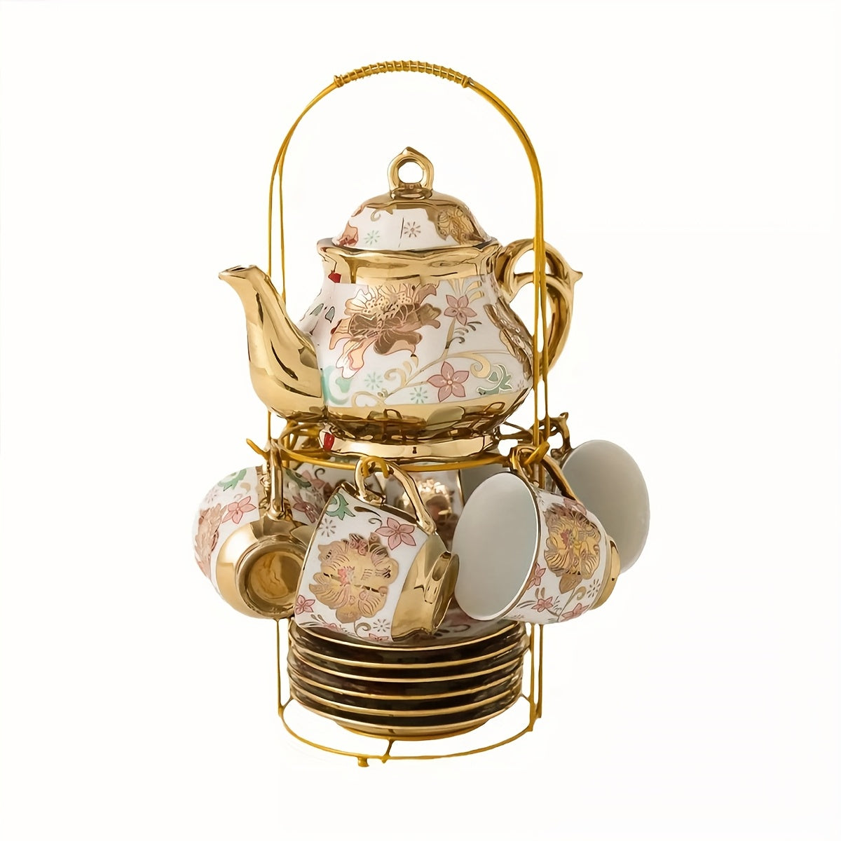 20pcs Porcelain Floral Espresso Tea Set with Metal Holder and 15oz/450ml Teapot European Ceramic Turkish 3.3oz/100ml Coffee Cup and Saucers Luxury Arabic Ceramic Tea Cups for Espresso Cappuccino Latte Mocha Gift for Afternoon Tea And Gift