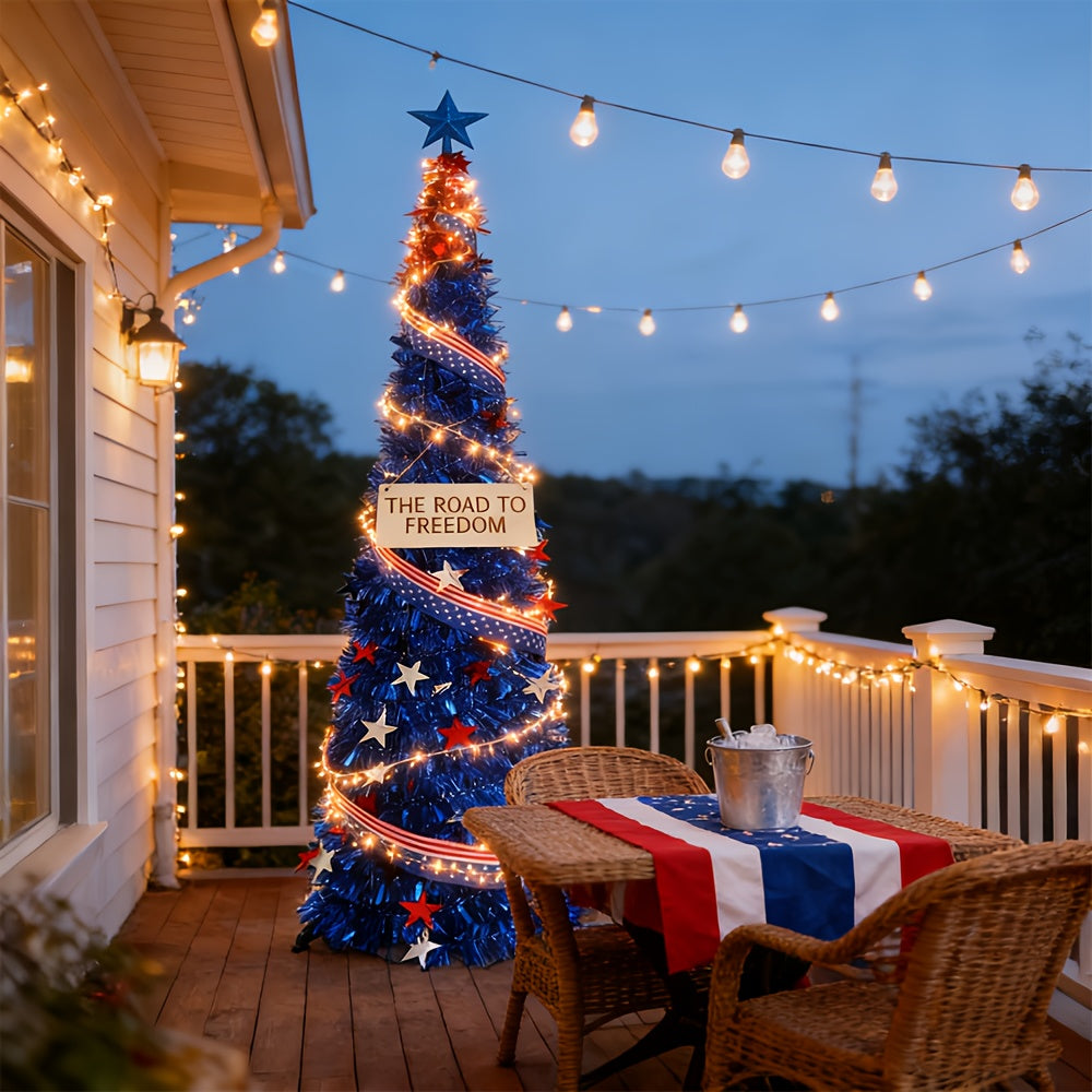 July 4th American Independence Day Foldable 5ft Decorative Tree, LED Light String with Red and Blue Stars and Stripes Patriotic Theme Decoration, American National Day Blue Christmas Tree, Gift for Friends, Summer Gift, Party Gift
