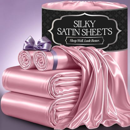 4pcs Satin Cooling Sheet Set - Cooling, Silky, Lightweight & Breathable Microfiber - Deep Pocket Fitted Sheet + Flat Sheet & 2 Pillowcases - Summer Satin Bed Sheets