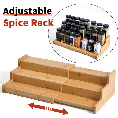 Bamboo Spice Rack for Bamboo Expandable Kitchen Cabinet - 3-Tier Ladder Rack for Kitchen Cabinet, Countertop Storage Display