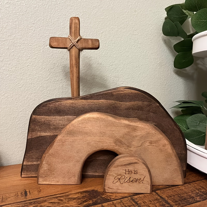 He Is Risen Wooden Tomb Easter Scene And Cross Decoration, Wood Easter Resurrection Scene for Tray,  Nativity Scene Decor for Religious Decorations, Home Office Tabletop, Shelf Decor