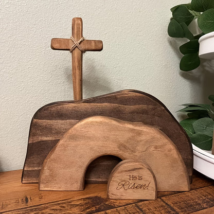 He Is Risen Wooden Tomb Easter Scene And Cross Decoration, Wood Easter Resurrection Scene for Tray,  Nativity Scene Decor for Religious Decorations, Home Office Tabletop, Shelf Decor