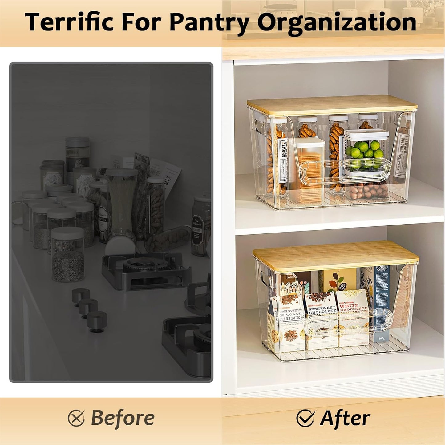 2-Pack Clear Stackable Kitchen Pantry Organizers with Bamboo Top - Durable PET Storage Bins for Onions, Potatoes, Fruits, Vegetables | Space-Saving Design, Ventilation & Easy Access, Pantry Organizers And Storage, Produce Organizer, Transparent Organizer,